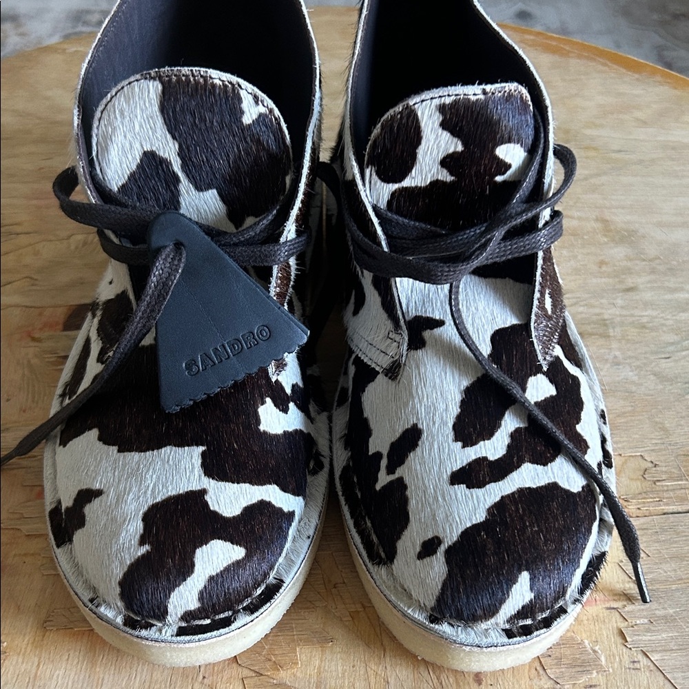 Sandro Kids Cowhide-Print Lace-Up Boots in Black & White